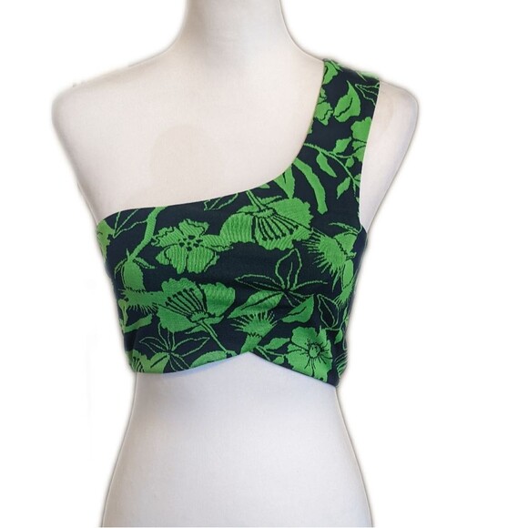 Zara NWT one shoulder top, bright green & navy blue floral print M - Picture 1 of 11